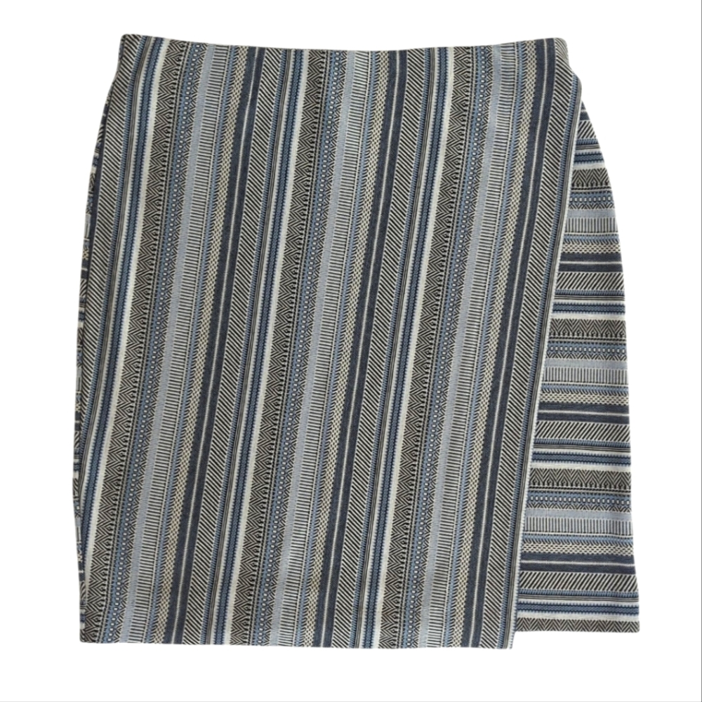 J. Jill Stripe Knit Faux Wrap Skirt SMALL Blue White Stretchy Waistband